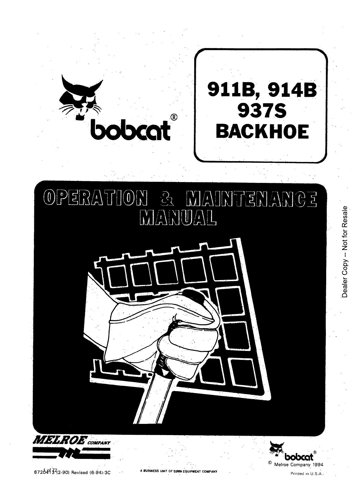 911B 914B 937S BACKHOE Operation & Maintenance Manual Bobcat